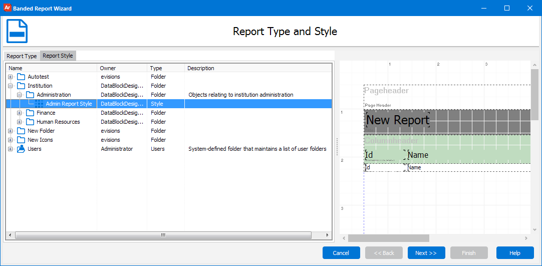 Selecting a report style called "Admin Report Style" that shows a report with green column headers in the preview window.